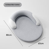 Gray baby pillow with dimensions on a light gray background