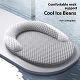 Gray pet cooling bed with honeycomb pattern on a blue gradient background