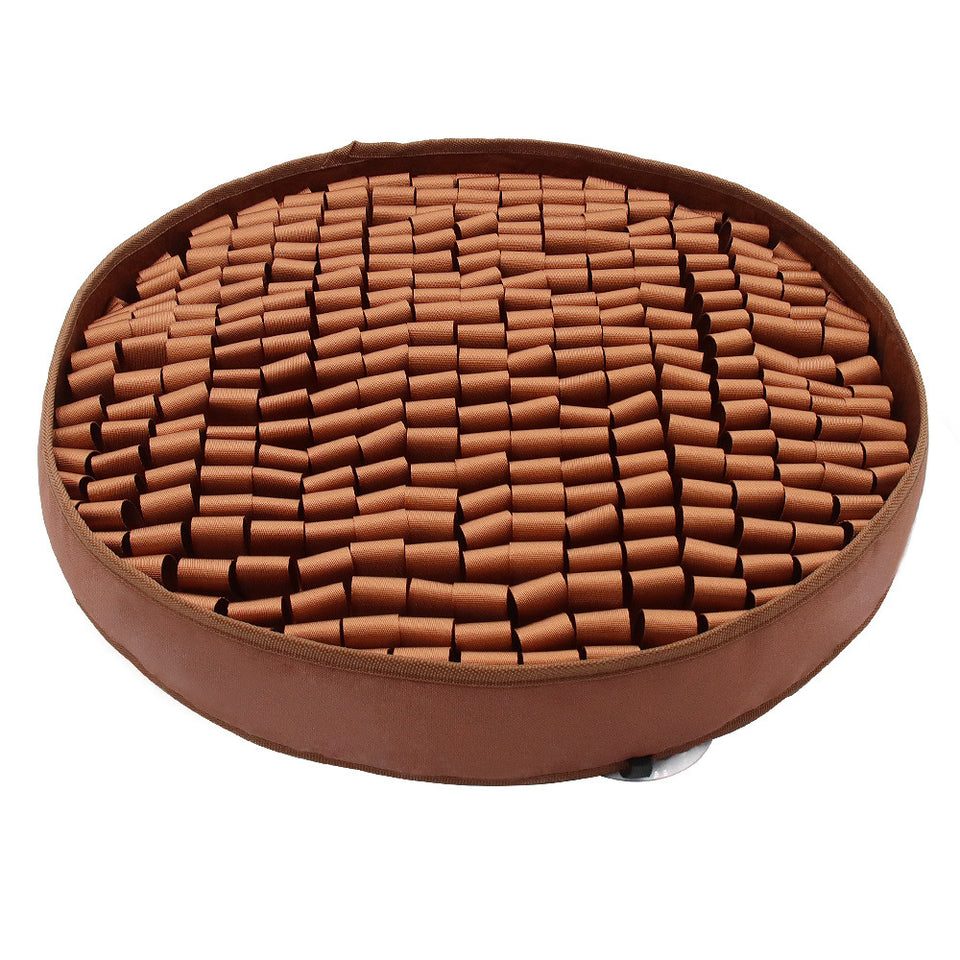 Brown pet bed with cylindrical cushions on a white background