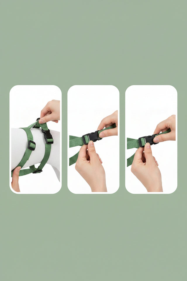 Step-by-step guide on how to put on and take off a green harness with 'youniceYounice' branding.
