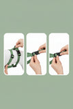 Step-by-step guide on how to put on and take off a green harness with 'youniceYounice' branding.