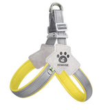 Dog harness with gray and yellow design on a white background