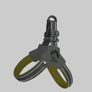 Dog harness with gray and yellow design on a white background