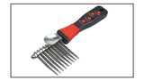 Pet grooming comb with red and black handle on a white background