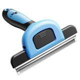 Blue and black pet grooming brush on a white background