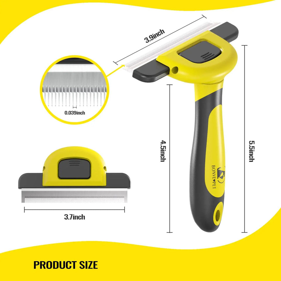 Pet grooming tool with measurements on a white background