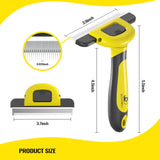 Pet grooming tool with measurements on a white background