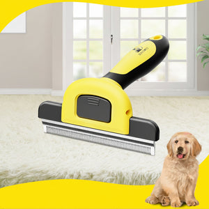 Pet grooming brush with detachable head design, non-slip grip, and premium 4-inch deshedding comb on a neutral background.