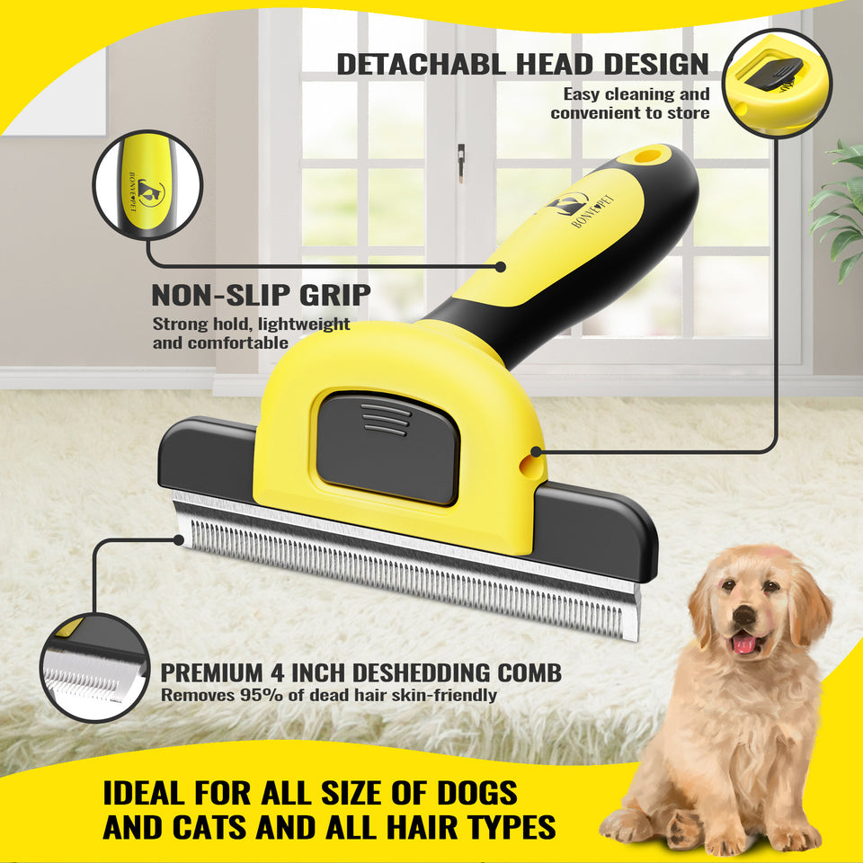 Pet grooming brush with detachable head design, non-slip grip, and premium 4-inch deshedding comb on a neutral background.