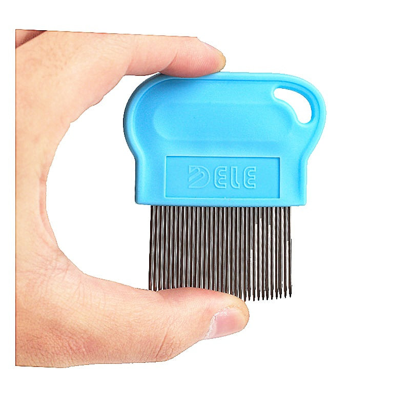 Blue pet grooming comb held by a hand on a white background