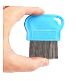 Blue pet grooming comb held by a hand on a white background