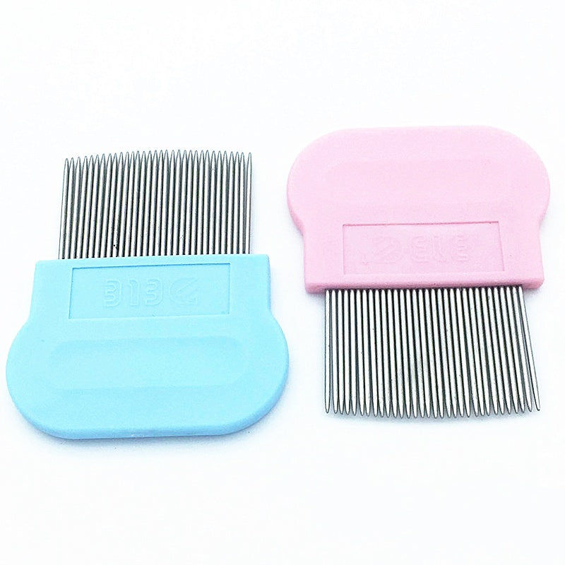 Two pet grooming combs, one blue and one pink, on a white background.