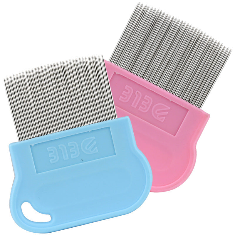 Two pet grooming brushes, one blue and one pink, with metal bristles on a white background.