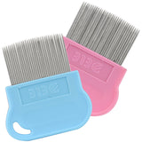 Two pet grooming brushes, one blue and one pink, with metal bristles on a white background.