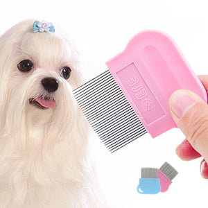 Dog being groomed with a pink pet grooming comb, with additional combs in the foreground.