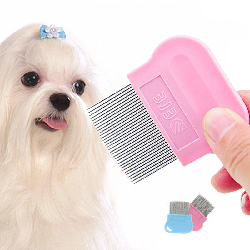 Dog being groomed with a pink pet grooming comb, with additional combs in the foreground.