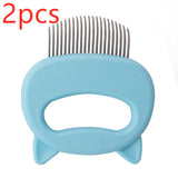 Blue pet grooming comb with metal teeth on a white background, labeled '2pcs'.