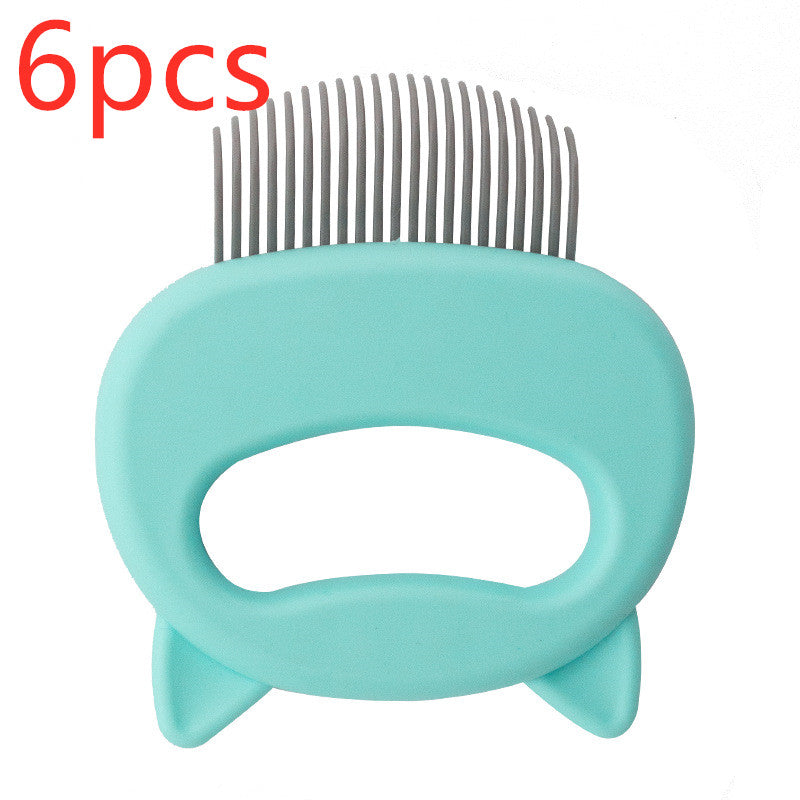 Turquoise pet grooming comb with metal teeth on a white background, labeled '6pcs'.