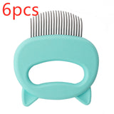 Turquoise pet grooming comb with metal teeth on a white background, labeled '6pcs'.