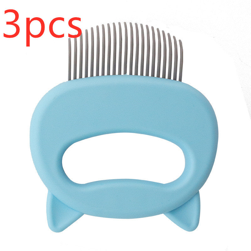 Blue pet grooming comb with metal teeth on a white background, labeled '3pcs'.