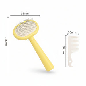 Cat grooming brush packaging with dimensions and a cat illustration on a white background
