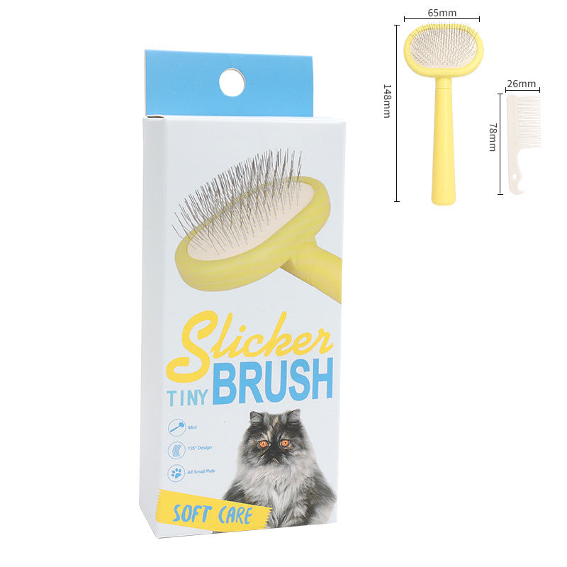 Package of a 'Slicker Brush Tiny' with product image and dimensions on a white background