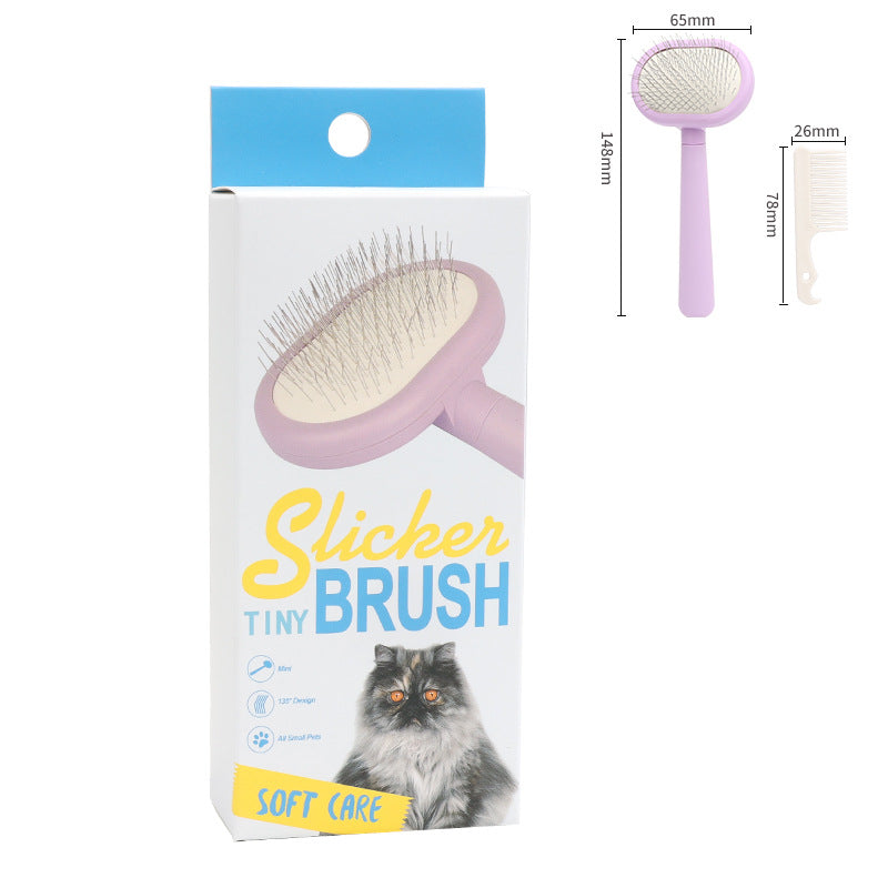 Pet grooming brush packaging with dimensions and a cat illustration on a white background