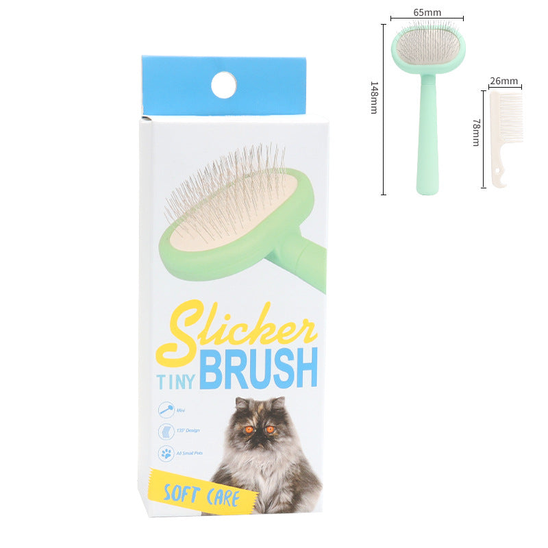 Cat grooming brush packaging with dimensions and a cat illustration on a white background