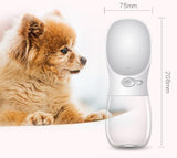 Pet water bottle with a dog next to it and measurements displayed