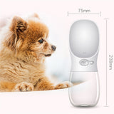 Pet water bottle with a dog next to it and measurements indicated