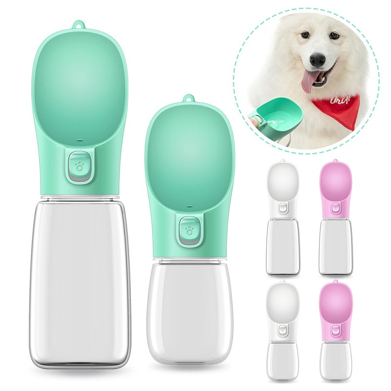 Pet water bottle and feeder set with a close-up of a dog wearing a red shirt.