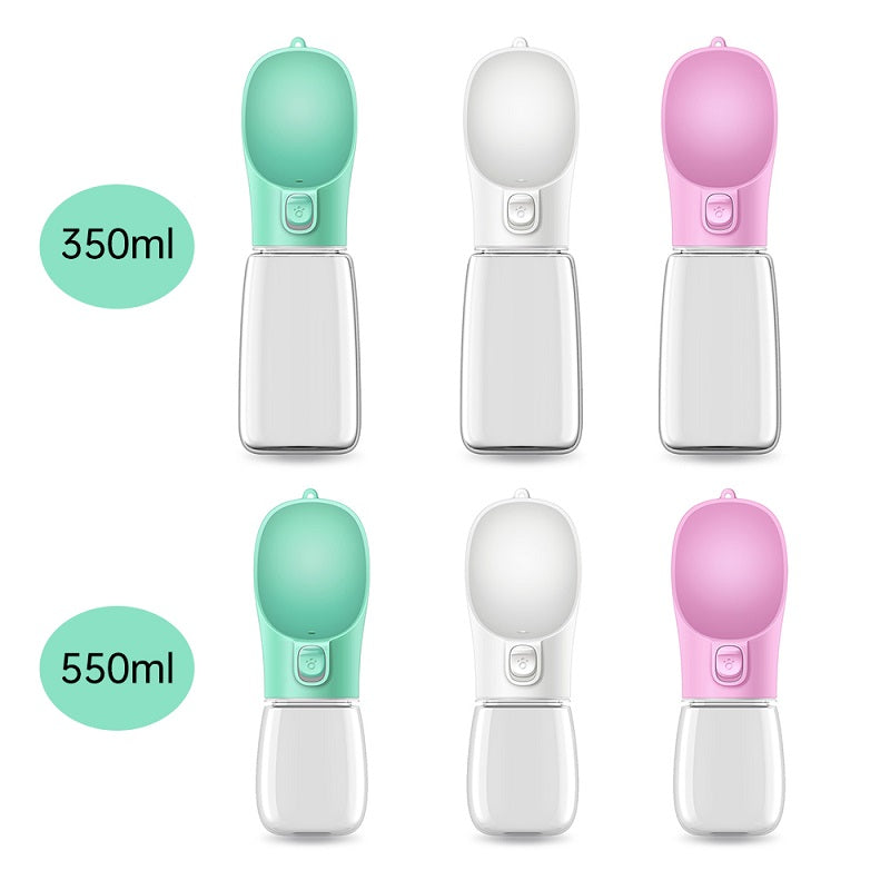 Set of three portable pet water bottles in green, white, and pink on a white background.