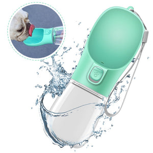 Portable pet water bottle with water splashes and a dog drinking from it.