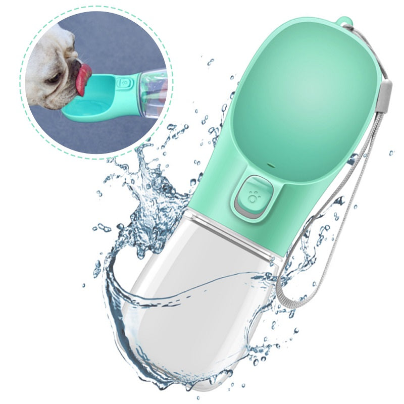 Portable pet water bottle with water splashes and a dog drinking from it.