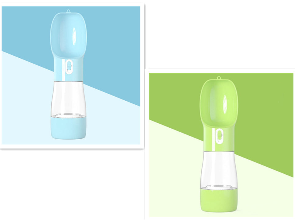 Two portable water bottles, one blue and one green, on a white background.