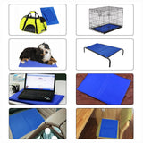 Collage of various blue pet and travel accessories on a white background