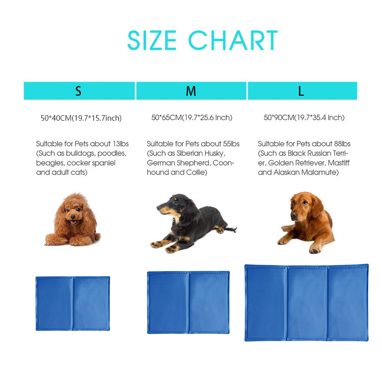 Size chart for pet cooling pads with images of dogs and corresponding dimensions.