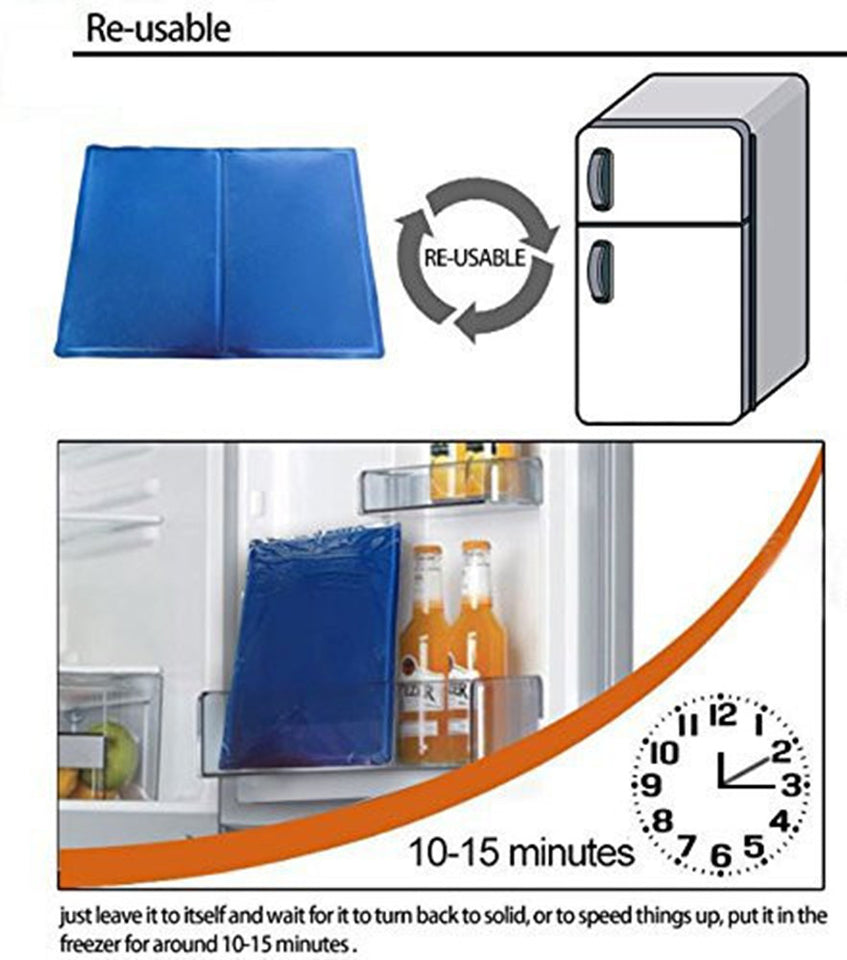 Reusable cooling pack with instructions on how to use it, shown in a refrigerator.