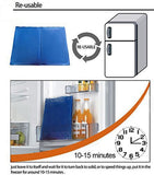 Reusable cooling pack with instructions on how to use it, shown in a refrigerator.