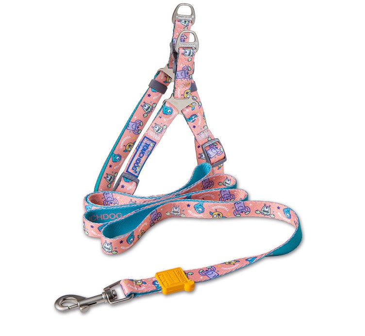 Dog leash with cartoon character pattern on a white background