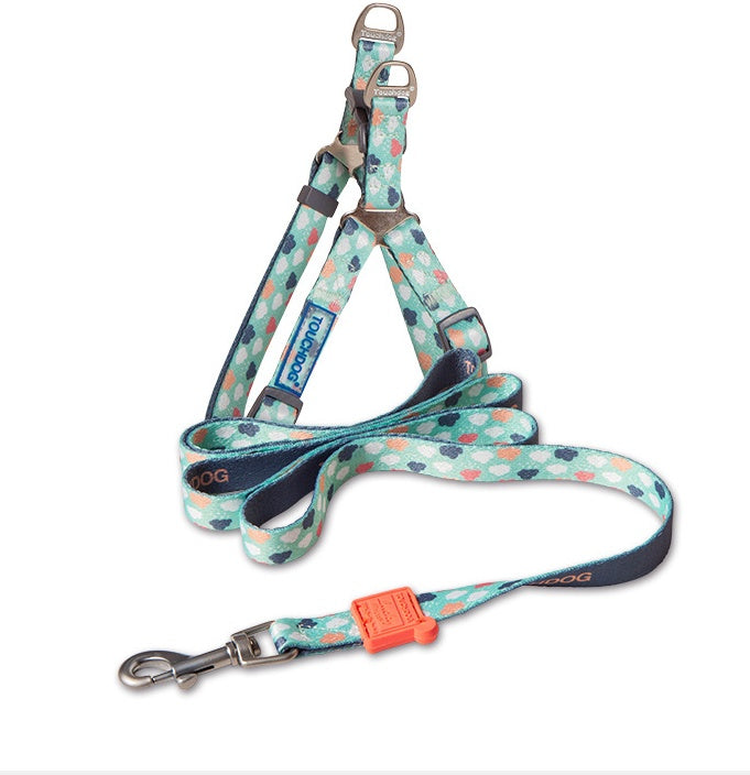 Dog leash with floral pattern and brand logo on a white background