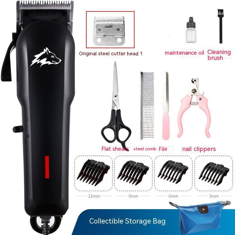 Pet grooming kit with black clipper, accessories, and storage bag on a white background.