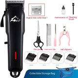 Pet grooming kit with black clipper, accessories, and storage bag on a white background.