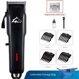 Hair clipper set with attachments and storage bag on a white background