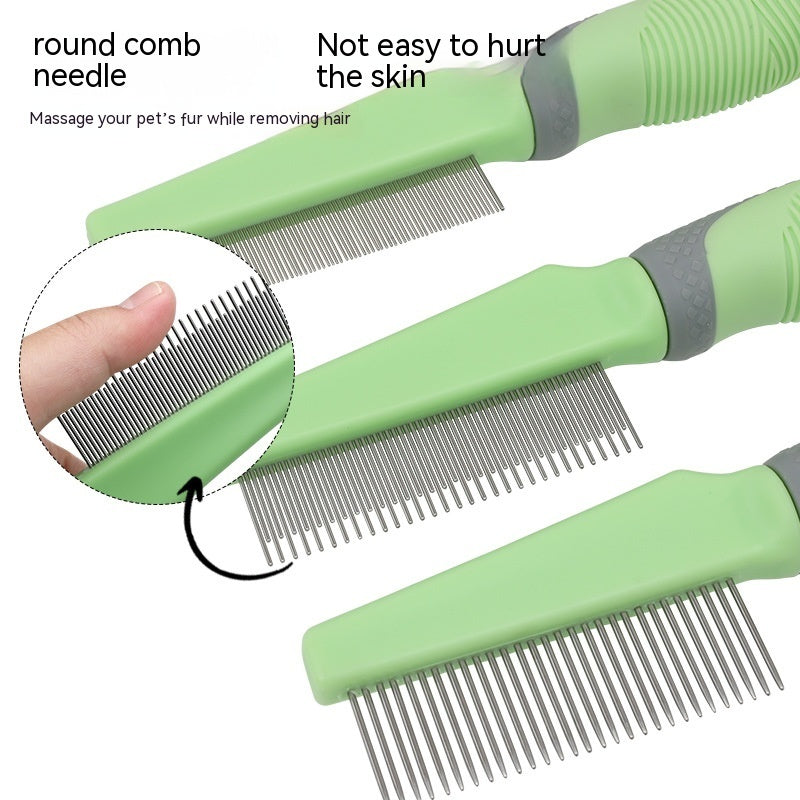 Green pet grooming comb with needle and round comb, showing close-up of needle and massage action.