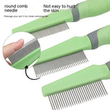 Green pet grooming comb with needle and round comb, showing close-up of needle and massage action.