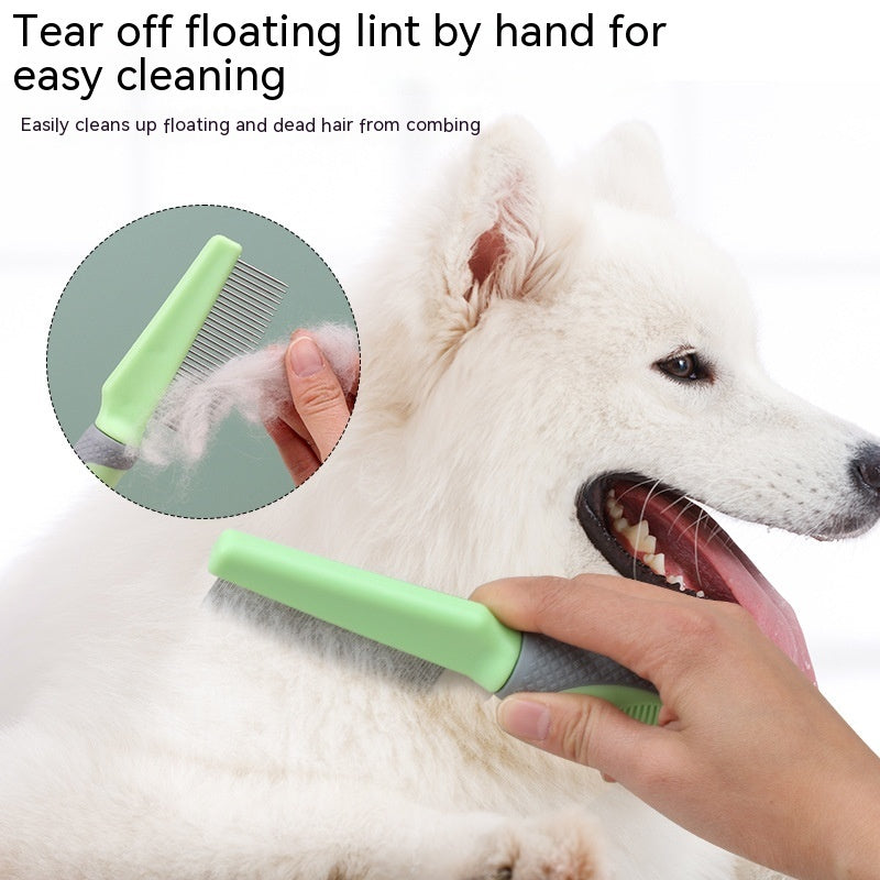 Pet grooming comb being used on a white dog with text about cleaning floating lint.