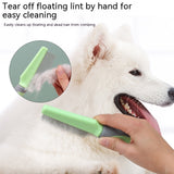 Pet grooming comb being used on a white dog with text about cleaning floating lint.