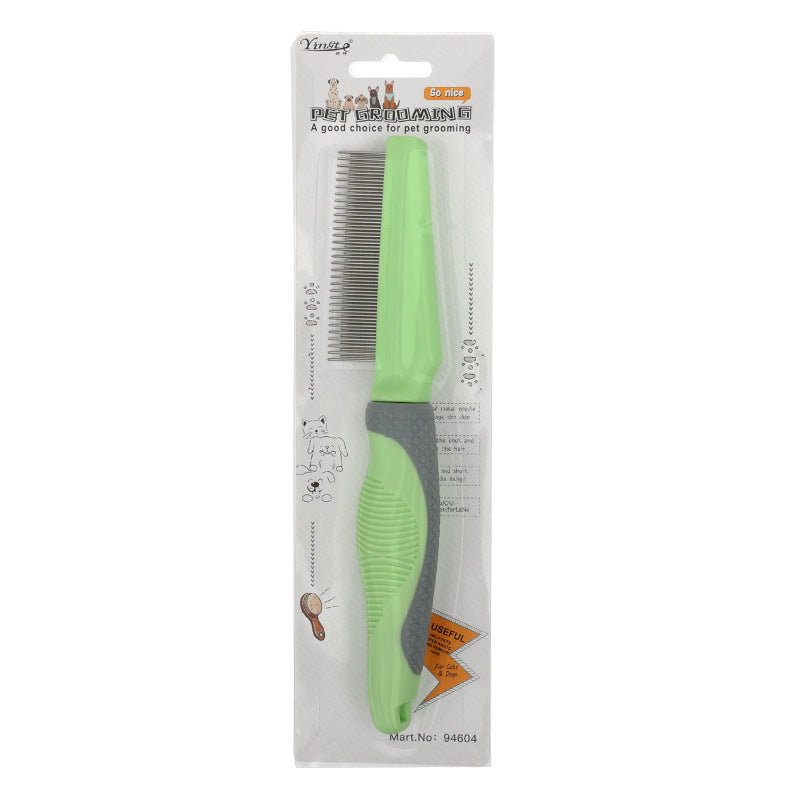 Green pet grooming comb in packaging on a white background