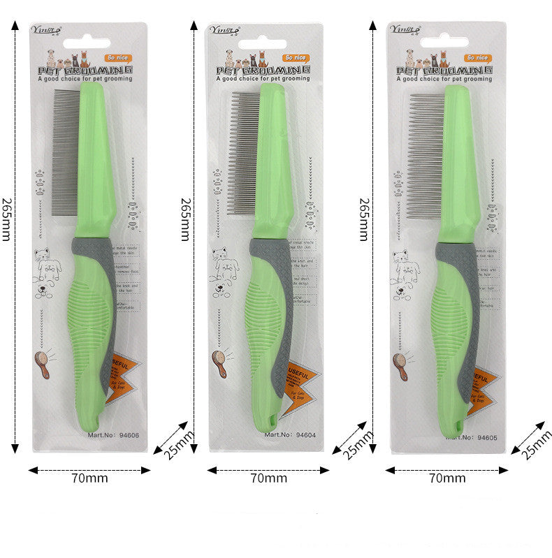 Three packages of pet grooming combs with dimensions indicated.
